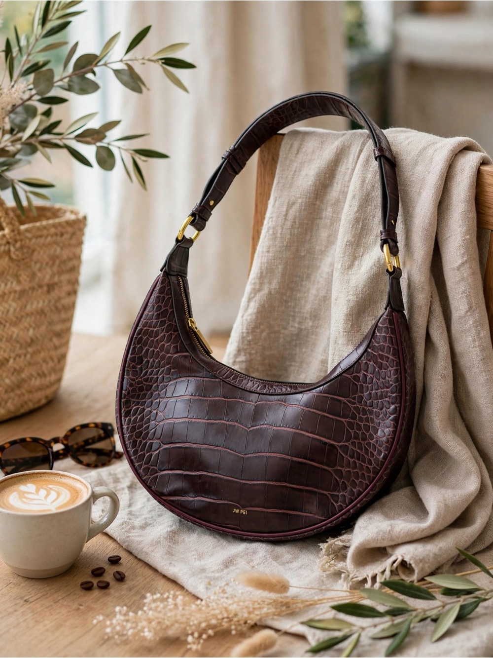 Croc-Embossed Crescent Hobo Bag in Deep Burgundy